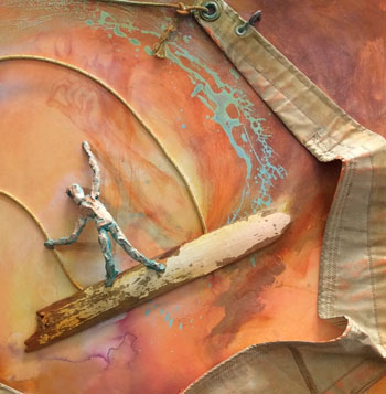 Harlequin, 48x36 inches, mixed media and sailcloth on canvas, 2018, $2,400